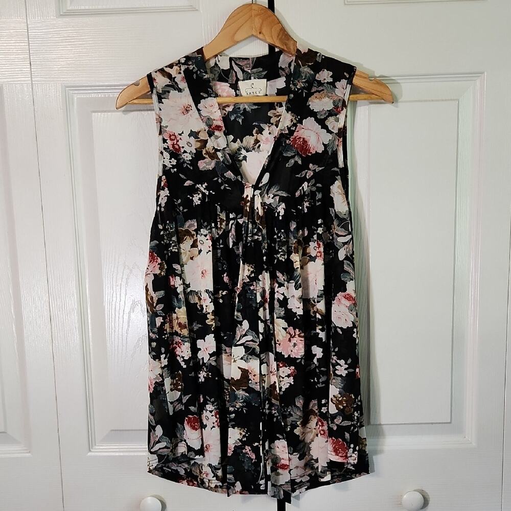 Ember Womens Floral Sleeveless Top Size Med Sheer Ruffle Tie Career Feminine